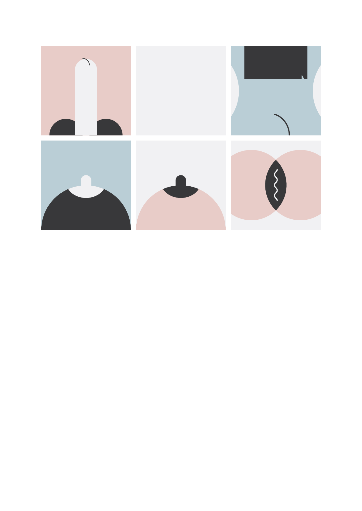 Six square tiles in pink, blue and grey, each cropping a body down to a few soft, flat shapes.